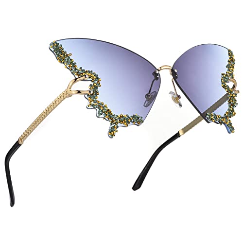 Luxury Diamond Butterfly Sunglasses Women Vintage Rimless Oversized Rhinestone Bling Sun Glasses Ladiesy2K Eyewear (Blue) #TOP3
