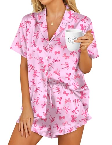 Image of HOTOUCH Womens Satin Pajamas Set Button Down 2 Piece Silk Pjs Shorts Set Ruffle Lingerie Notch Collar Sleepwear