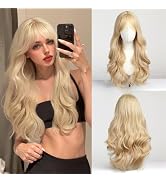 Luxclipse Golden Wigs Human Hair for Women with Bangs, Full Head Blonde Wig, Long Curls, Breathab...