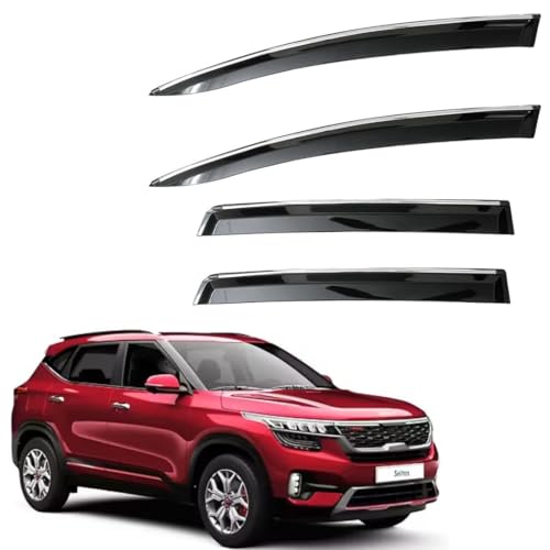 Image of CAR SAAZ Unbreakable Chrome Smoke Door Visor Seltos (2019-2023) | Premium Sun Rain Wind Deflector Chrome Strip Side Door Rain Visor - Set of 4 Pcs
