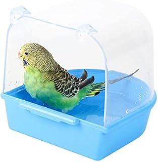 Bird Bath Tub,Hanging Bathtub Bird Cage Supplies with Hooks,Water Shower Transparent Box Food Feeder Holder Tray for Small Birds, Canary, Budgies,Parrot 13X14X13cm (Blue)
