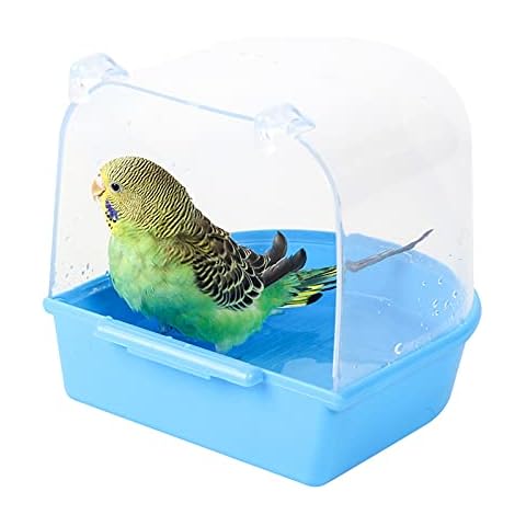 Bird Bath Tub,Hanging Bathtub Bird Cage Supplies with Hooks,Water Shower Transparent Box Food Feeder Holder Tray for Small Birds, Canary, Budgies,Parrot 13X14X13cm (Blue) Cover