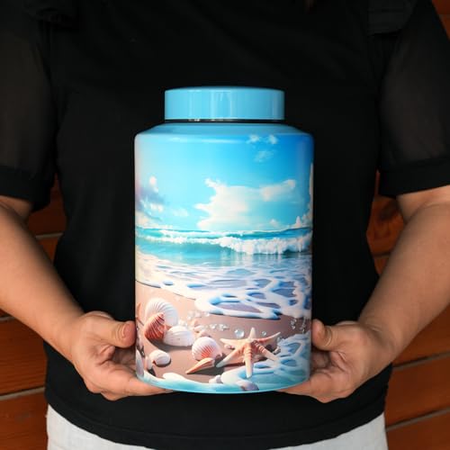 Image of Large Cremation Urn for Adult Female Male Ashes, Decorative Funeral Blue Keepsake Memorial Urns for Human Women Man Dad Mom Remains with Velvet Bag(Ocean Heaven)