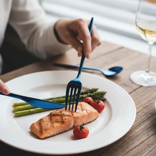 Image of 8 Pcs Blue Slim Handle Stainless Steel Cutlery Set for Dining Table with Spoons and Forks Set + Butterknives - The Perfect Tableware /Flatware