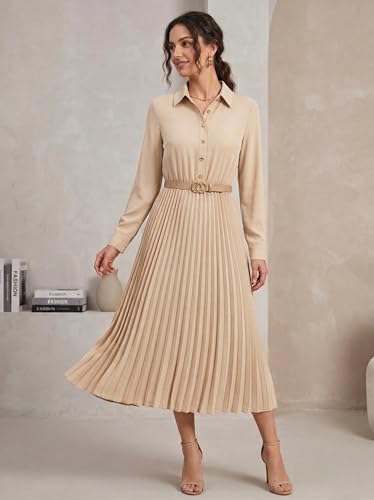 Image of Business Casual Shirt Dress for Women Long Sleeves Pleated Midi Dresses with Belt