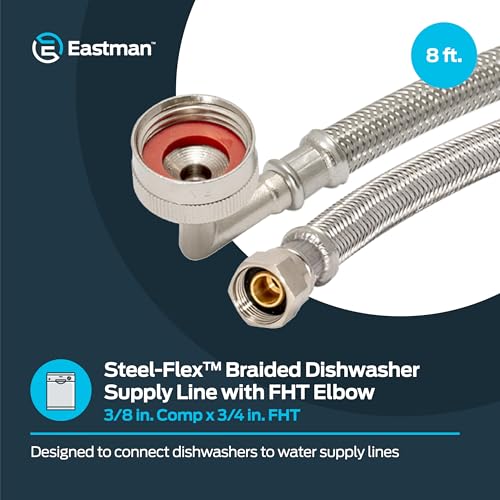 Image of Eastman 8 foot Dishwasher Supply Line, 3 /8 Inch Compression x 3 /4 Inch FHT Elbow, Braided Stainless Steel Dishwasher Connectors, 41013
