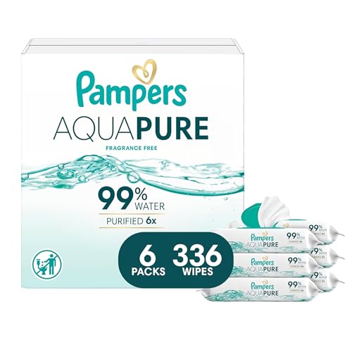Pampers Aqua Pure Baby Wipes, 99% Water, Fragrance Free, Unscented, Water Based, Multi-Use, 336 Wipes Total (6X Flip-Top Packs) [Packaging May Vary] by Pampers - Used condition - US$16.37