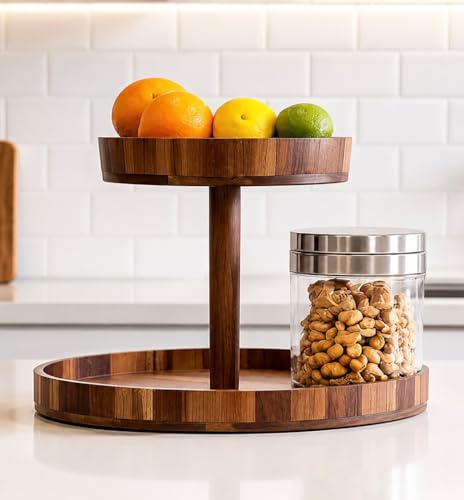 Extra Large 2-Tier Acacia Wood Fruit Rack, Non-Rotating Lazy Susan, 15 Inch Round Serving Tray, Modern Kitchen Organizer