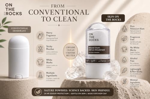 Image of Alum Stone, Underarm Roll On for Body Odour & Dark Underarms, Natural Deodorant that Fights Bacteria, Gentle for Sensitive Skin, Fragrance & Alcohol Free for Men & Women 60g