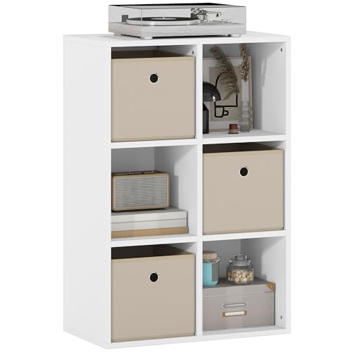 HOMCOM Estantería de 6 Cubos, Librería, Estantería para Libros con 3 Cajones de Tela, Horizontal o Vertical, para Salón, Dormitorio, Estudio, 53,7x30x79,8 cm, Blanco y Beige