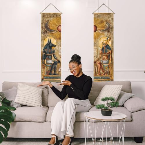 AHANDMAKER 2Pcs Ancient Egypt Mythology Tapestry Godsand Pharaohs Art Wall Hanging Decor Vertical Long Tapestry with Tassels for Bedroom Living Room Home Office Decoration, 45.7x13 Inch - 5