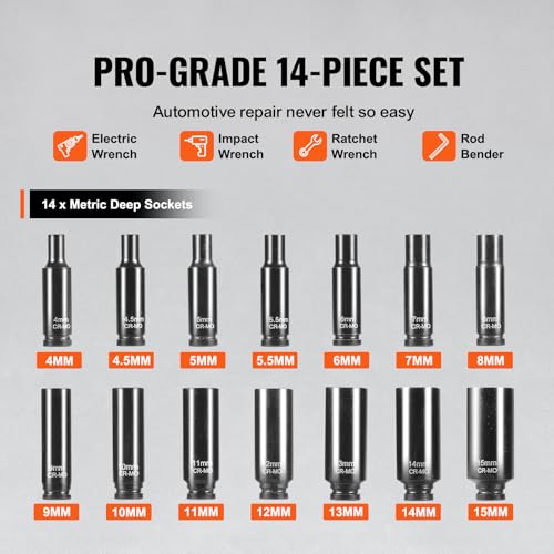 Image of VEVOR 1 /4 inch Drive Impact Socket Set, 14 Piece Deep Socket Set Metric 4-15mm, 6 Point Cr-Mo Alloy Steel for Auto Repair, Easy-to-Read Size Markings, Rugged Construction, Socket Organizer