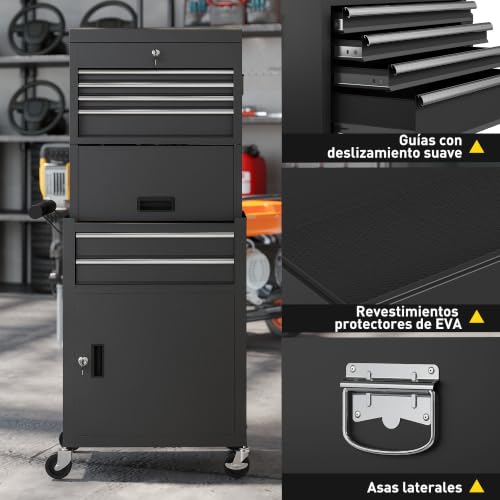 Miniatura 8 de Homcom Carro De Herramientas Con 6 Cajones Y Cerraduras, 3 En 1, Carro De Taller Móvil Con Ruedas Y Panel Lateral Perforado, Caja De Herramientas Desmontable De Acero, Para Taller, Garaje, Negro