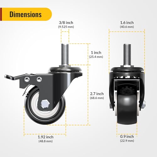 Image of HOLKIE Stem Caster Wheels 2 inch Total Casters Set of 4, Threaded Stem 3 /8 inch -16 x 1 (Diameter 3 /8 inch, Length 1 inch) Swivel Heavy Duty Castors Black 8 Pack