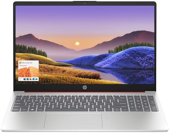 HP 15.6" Portable Laptop (Include 1 Year Microsoft 365), HD Display, Intel Quad-Core N200 Processor, 16GB RAM, 128GB Storage, Wi-Fi 5, Webcam, HDMI, Numeric Keypad, Windows 11 Home, Red