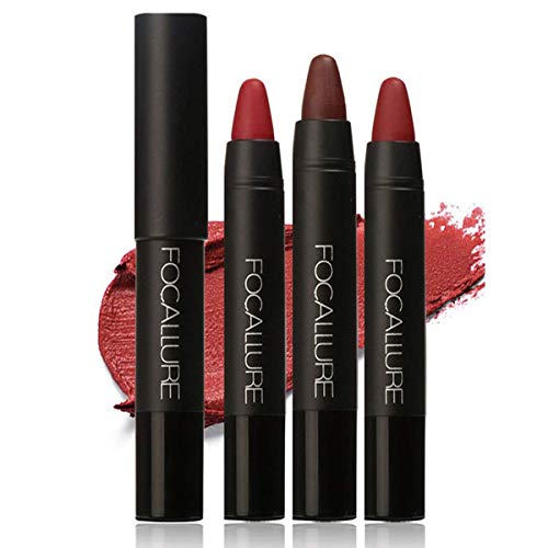 FOCALLURE 3 Pack Matte Crayon Lipstick Long Lasting Moisturizer Smooth Lip Makeup Cosmetic Velvet Waterproof Red Lip Liner Z1