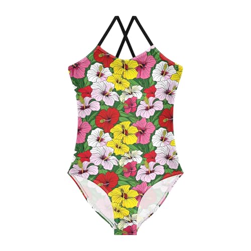 senya Girls Swimsuits One-Piece Swimwear Tie Bathing Suit Beach Summer Round Neck 9-10T Multicolor Hibiscus Pattern
