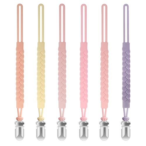 Image of TenderBabe Silicone Pacifier Clip for Baby Girls and Boys, Pack of 6 Soft Flexible Paci Binky Clips with One-Piece Braided-Style Design,BPA-Free Baby Essentials