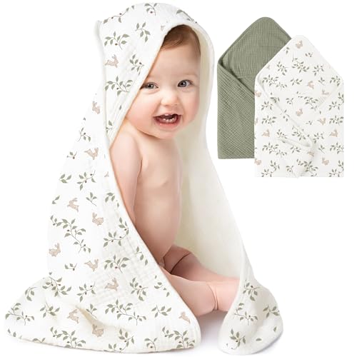 Image of Konssy 2-Pack Muslin Hooded Baby Towels, 100% Cotton, Ultra-Soft & Absorbent Baby Bath Towels with Hood for Newborn & Infant (Fog Green, Sprout, 32" x 32")
