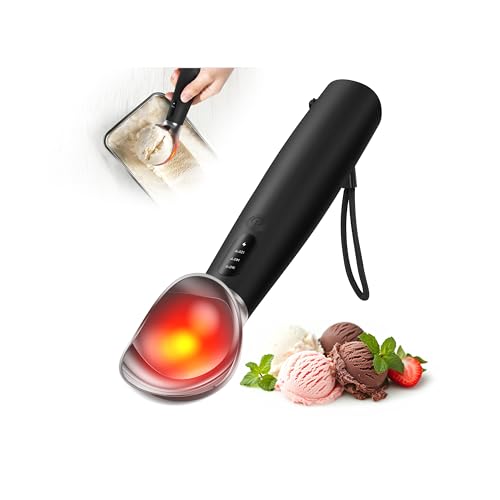 Heated Ice Cream Scoop, 3-Temp Modes & 160°F Fast Heating, Rechargeable with LED Monitor, IPX7 Waterproof, Easy Scoop for Hard Ice Cream and Dessert Scooper- Black