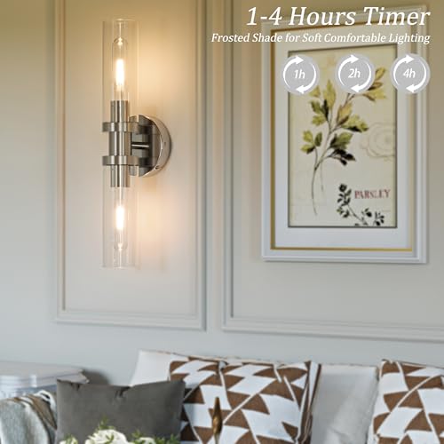 Image of Rayogale Nickel Wireless Battery Operated Wall Sconce with Remote Control | Dimmable Rechargeable Wall Lights Set of 2, Timer, No Hardwire, Touch Control, 8000mAh, 3000K, Glass, Emergency, 16.5 Inch