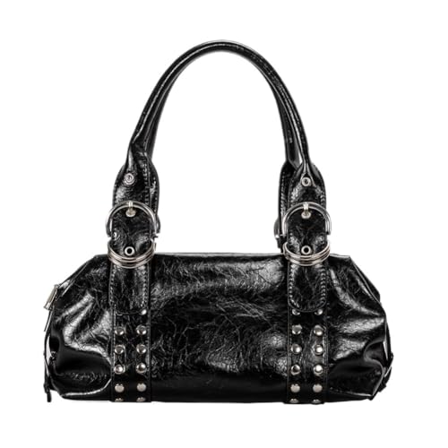 Y2K Aesthetic Studded Tote Bag, Vintage Patent Leather Handbag with Metal Rings, Retro Rivet Punk Shoulder Purse for Women