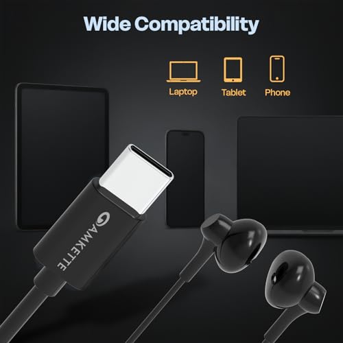 Image of Amkette Trubeats M11 Type C Earphones with Mic, 14mm Dynamic Drivers, 3 Button Control, AI Assistants, Ergonomic Earbuds Compatible with Smartphones, Tabs & Laptops, Type C Headphones,1.2m Cable Black