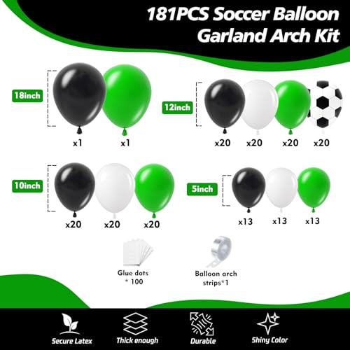 Image of 181Pcs Soccer Balloon Garland Arch Kit -Green White Black Soccer Party Decorations 18 12 10 5 Different Sizes Latex Party Balloons for Birthday World Football Boys Sports Theme Decorations 86