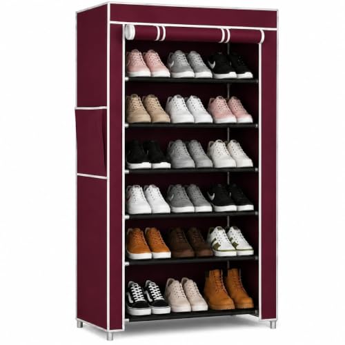 Image of 6 Layer Plastic Shoe Rack with Cover for Home & Bedroom (Maroon) | Space-saving 6 layer shoe rack for home