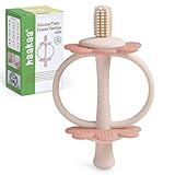 haakaa Silicone Twin Flower Teether,Nipple-Shaped End for Gum Massage,360° Baby Toothbrush Head for Self-Brushing Training,Easy to Grip -Soft Pink