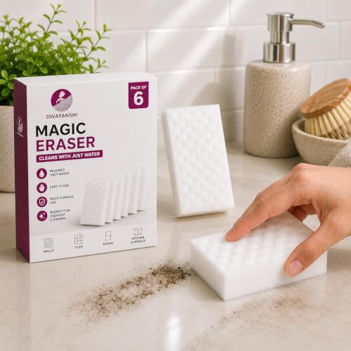 Image of Divayanshi Magic Eraser Sponge Pack of 6 | Powerful Stain Remover with Just Water | No Scratch Multi-Surface Cleaning Sponge for Kitchen, Bathroom, Walls, Shoes & Switchboards