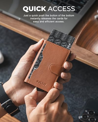 Image of VULKIT Slim Bifold Pop up Wallet Minimalist Leather Card Holder RFID Blocking Metal Card Case with ID Window for Women | with Leather Slots
