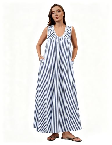 Image of Women Flowy Maxi Dress Ruched Sleeveless Long Dress Vacation Fashion Summer Casual Loose Fit Sundress with Pockets