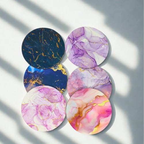 Image of Zesta Coasters for Cups Set of 6 / Wooden Coasters for Bar Accessories for Home /Tea Coaster Set of 6 / Waterproof Dining Table Decor Glass Cover (Marble, Circle)