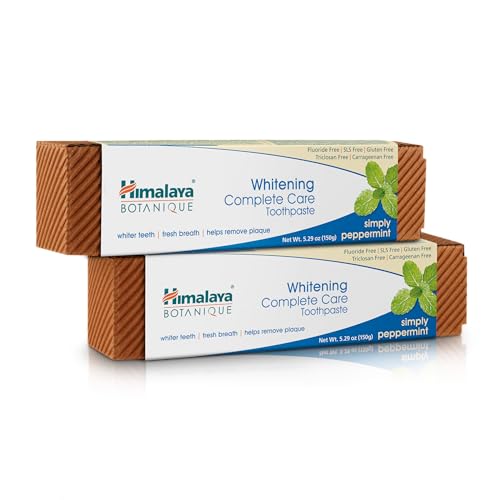 Himalaya Botanique Complete Care Whitening Toothpaste Herbal Fluoride Free Peppermint Flavor Whitening Teeth Fights Plaque Freshens Breath No Artificial Flavors SLS Free Cruelty Free 2pk