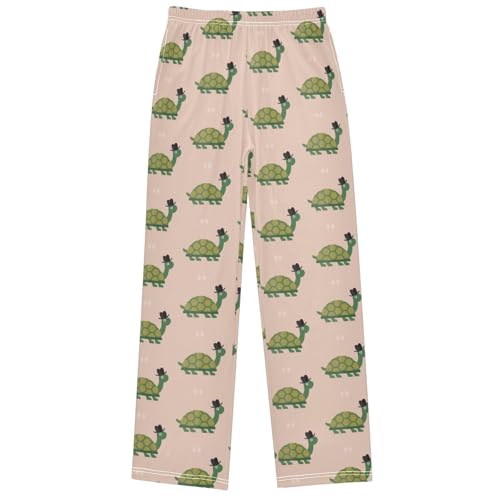 Boy's Pj Pants Funny Turtle Black Hat Pink Lounge Bottoms Elastic Waist Kids Joggers with Pockets Size 6-14
