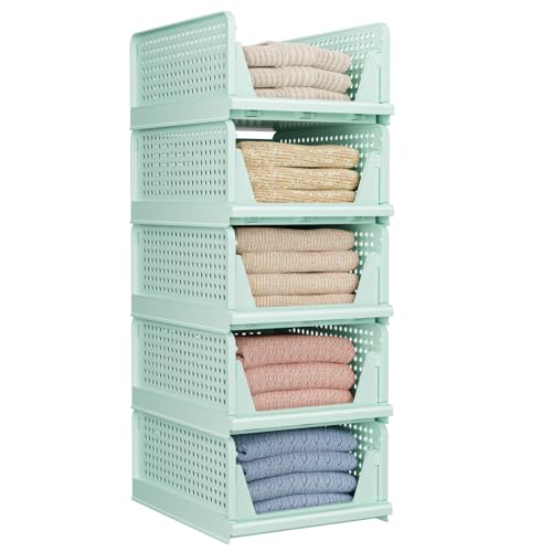 Image of 5 Pack Folding Closet Organizers Storage Box, Stackable Storage Bins, Plastic Drawer Basket Closet Storage for Wardrobe Cupboard Kitchen Bathroom Office Green-5L
