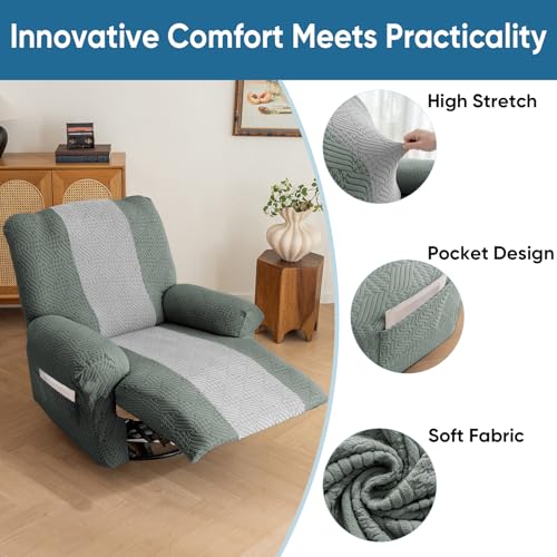 Lavish Cover Jacquard Recliner Chair Cover, Stretch Recliner Slipcover, Lazy Boy Recliner Sofa Protector, Furniture Cover for Pets and Scratches(Recliner,Green+LightGrey) - Image 3