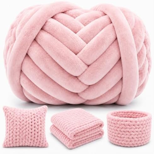 Timgle Chunky Yarn for Hand Knitting,2.2lb/30.6yard Extra Thick Velvet Chenille Tube Yarns for Blankets,Pet Beds- Machine Washable&No Joints Seamless,DIY Gift(Pink)