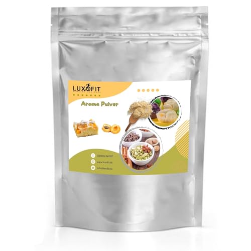 Luxofit Aprikosenkuchen Aroma Pulver, cremig, fruchtig, Vegan, Allergenfrei, Wasserlöslich, Intensive Geschmacksergebnisse, geeignet für Aromatisierung von Lebensmitteln, Made in Germany (500g)