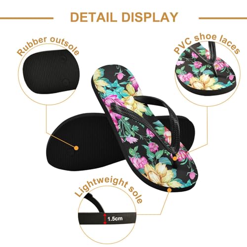 Blossom Floral Black Flip Flops for Beach Thong Sandals Anti-slip Lightweight Beach Shoes for Summer Swim Travel3