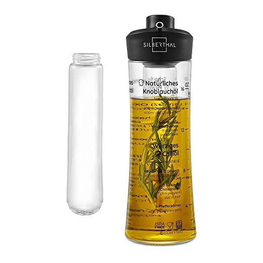SILBERTHAL Bouteille d' Huile Olive en Verre avec Infuseur et Bec Verseur 500 ML - Infuseur d'Huile Aromatisée avec Recettes - Huile Piquante Maison pour Pizza - Distributeur d'Huile et Vinaigre