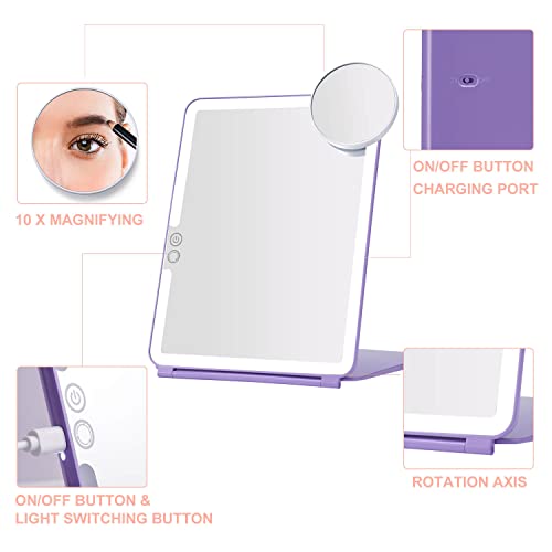 Led Foldable Travel Makeup Mirror - 7X9 Inches 3 Colors Light Modes Usb Rechargeable Touch Screen, Portable Tabletop Cosmetic Mirror For Travel, Cosmetic, Office (Violet) #TOP4