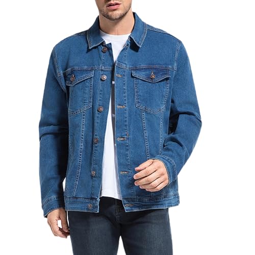 FASHIONSPARK Men’s Rugged Wear Button Down Denim Jacket Fashion, Classic Long Sleeve Jean Jacket with pockets (Deep Blue,M)