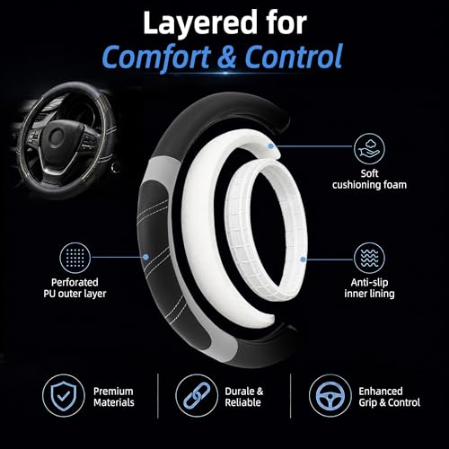 Image of Elantrip Sport Leather Steering Wheel Cover 14 1 /2 inch to 15 inch Universal, Padded Soft Grip Breathable for Car Truck SUV Jeep, Anti Slip Odorless Carbon Fiber Black