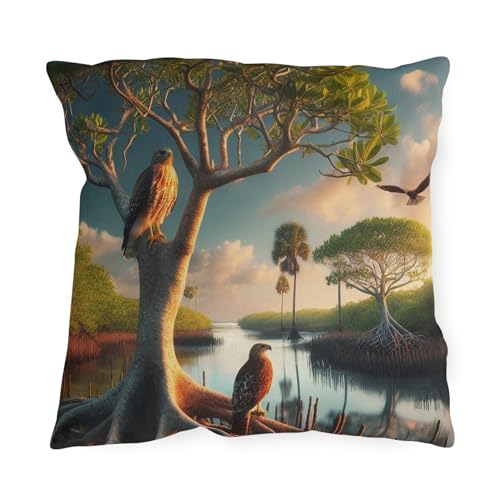 Vibrant Double-Sided Outdoor Pillow Featuring Mangrove Trees and Red-Shouldered Hawk
