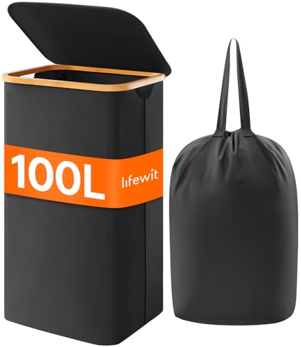 Lifewit 100L Laundry Basket with Lid, Clothes Hampers for Laundry with Bamboo Handles and A Removable Bag, Large Foldable Laundry Hamper for Bedroom, Bathroom, Dorm, Laundry Room, Black