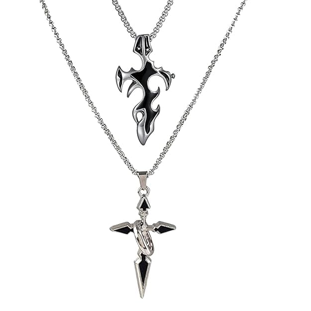 Ruby Collection 2Pcs Chain for Man, Vintage Black Tribal Cross Pendant Necklace for Men, Silver Chain for Boys and Men, St...