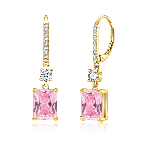 CiNily Leverback Earrings for Women Rectangular-cut Drop Dangle Earring Hypoallergenic, 14K Gold Plated Pink Cubic Zircon Earrings Diamond Dangle Ear Rings Jewelry Birthday