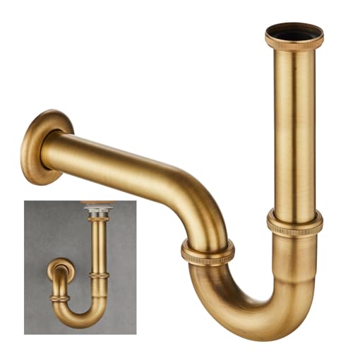 KEOKBON, sifone a P in ottone per lavabo, con attacco da 1 1/4, regolabile, blocca lo sporco e previene i cattivi odori, ideale per lavabo del bagno e lavabo da appoggio, colore bronzo antico